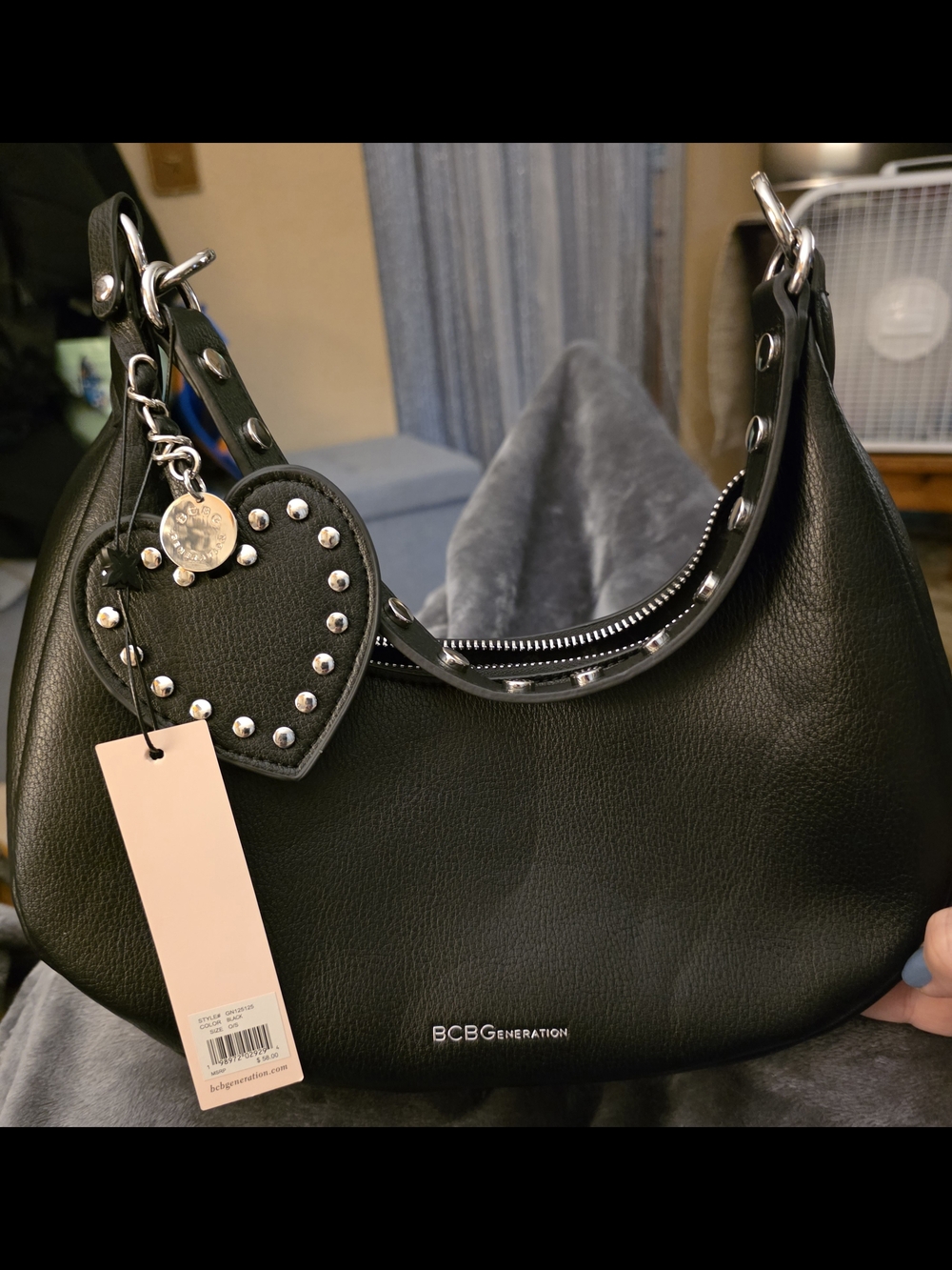 BCBGeneration Black Hobo with Studded Strap, Faux Leather. It Can Hook @ Top